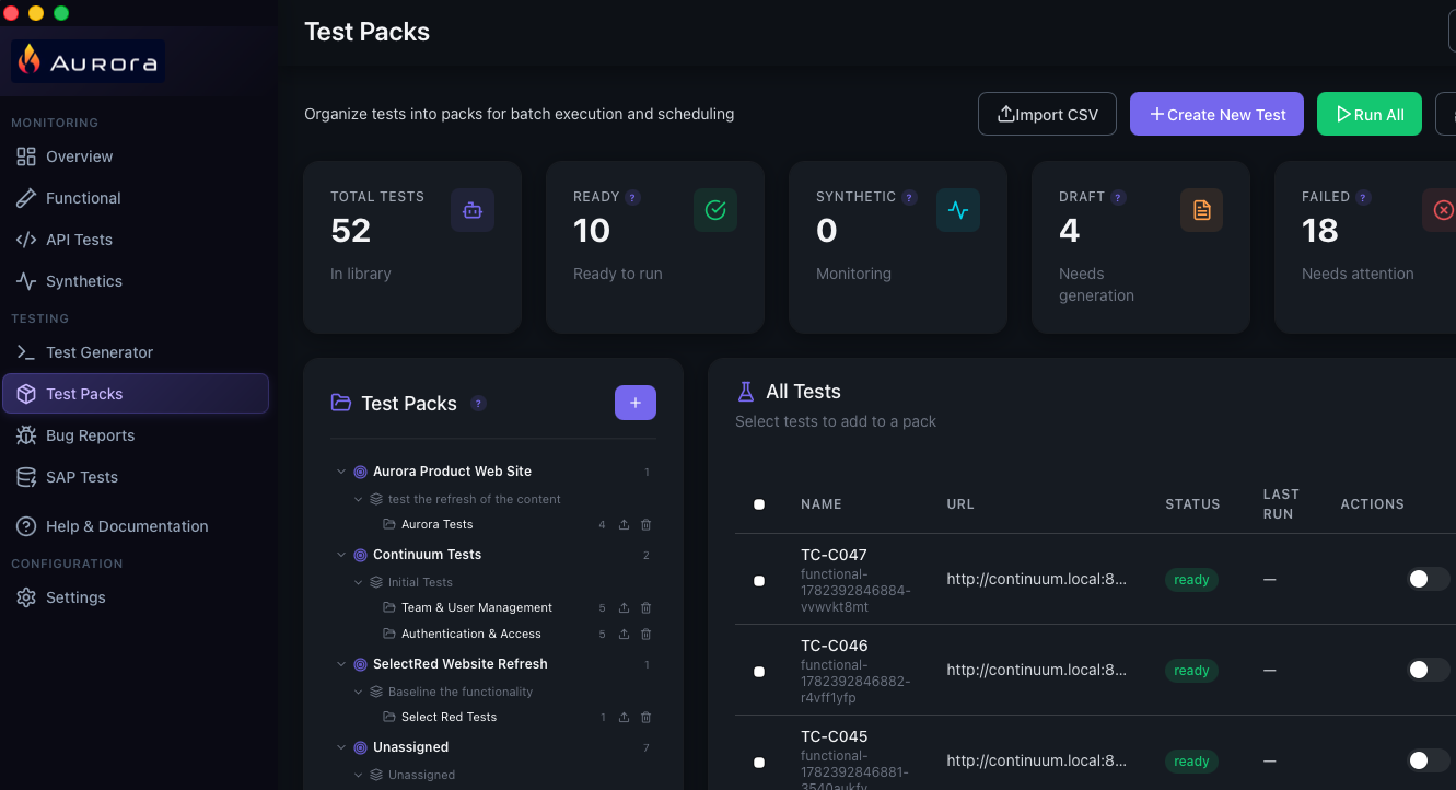 Aurora test packs organising tests by initiative